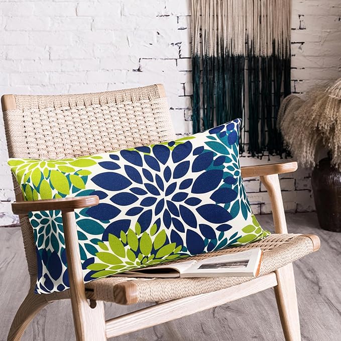 Decorative Throw Pillow Covers Set of 2 Blue Green Pillow Covers 12x20 Inch Couch Pillow Covers for Sofa Living Room Outdoor Throw Pillow Cover Linen Floral Flower Farmhouse Pillowcase