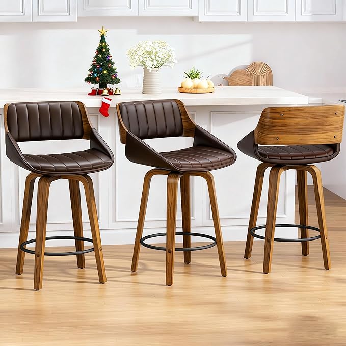 Bar Stools Set of 3, 26" Swivel Counter Height Barstools with Walnut Bentwood Back and Legs, Mid-Century Modern Faux Leather Upholstered Bar Chairs with footrest for Bar, Kitchen Island, café, Brown
