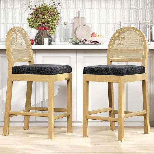 STHOUYN Upholstered Rattan Bar Stools Set of 2, Wooden Counter Height Stools with Natural Rattan Woven Back and Chenille Seat, Mid-Century Modern Island Chairs Barstools for Kitchen (2, Black)