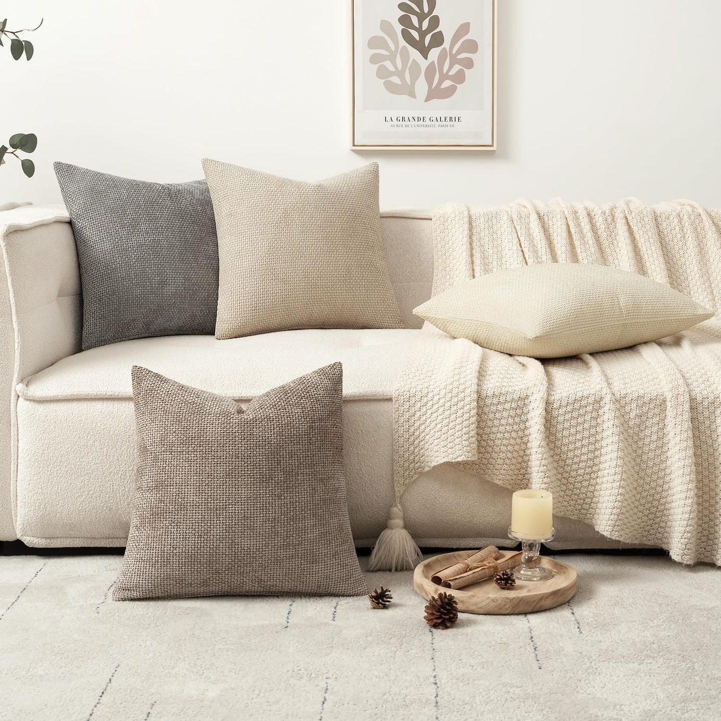 MIULEE Pack of 4 Christmas Couch Throw Pillow Covers 20x20 Inch Neutral Beige/Brown Soft Decorative Chenille Pillow Covers Farmhouse Accent Cushion Covers for Boho Home Decor Sofa Bedroom Living Room