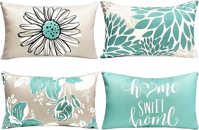 Decorative Throw Pillow Covers Set of 4 Teal Pillow Covers 12x20 inch Throw Pillow Cases Linen Square Pillow Case,Farmhouse Outdoor Modern Boho Pillow Covers for Couch Sofa Living Room