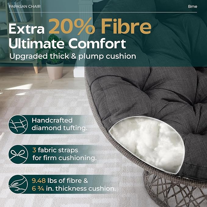 Bme 46" Large Size Ergonomic Wicker Papasan Chair with Soft Thick Density Fabric Cushion, Bee-Designed Base, High Capacity Steel Frame, 360 Degree Swivel for Living, Bedroom,...