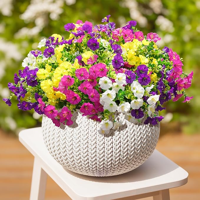 Artificial Flowers Fake Plants for Outdoors Decoration, 12 Bundles Silk Morning Glory with Eucalyptus Realistic UV Resistant Faux Flowers for Outside Planter Porch Yard Patio Garden Home Indoor, Mix