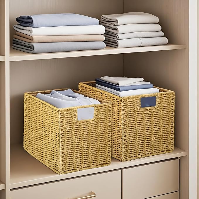 Collapsible Storage Basket 2 pcs, storage boxes for shelves, With Insertion Handle,15 * 8.6 * 10 In Hand-Woven Seagrass Storage Basket, Suitable for Bedroom Storage and Other Scenarios