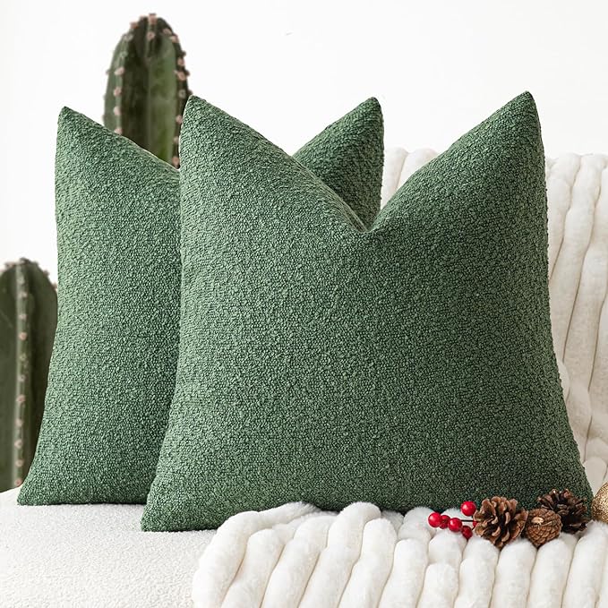 Foindtower Pack of 2, Decorative Textured Boucle Throw Pillow Covers Accent Solid Pillow Cases Cozy Soft Couch Cushion Case for Chair Sofa Bedroom Living Room Home Decor 22 x 22 Inch Hunter Green