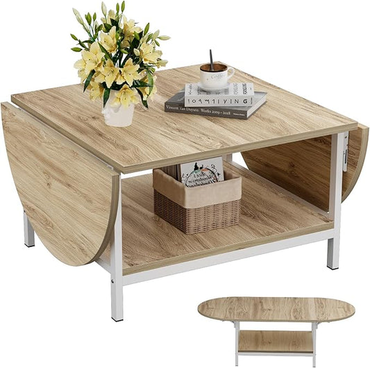 SAYGOER Modern Coffee Table 2-Tier Extended Coffee Tables for Living Room 2-Tier Small Extended Table with Storage White Center Table for Large or Small Spaces, Foldable, Oak