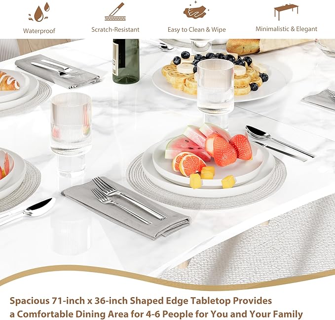 IDEALHOUSE 70.9”Dining Table with Wave Irregular Edge, 15mm Thick MDF Top & Metal Frame, for Kitchen, Quick Assembly, Wooden Kitchen Table for 6-8, Waterproof Scratch-Resistant, Marble