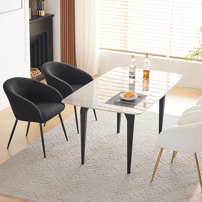 Modern Small Accent Chair, Comfy Sherpa Makeup Vanity Chair with Metal Legs, Decorative Chair no Wheels for Living Room, Dressing Room, Bedroom, Black