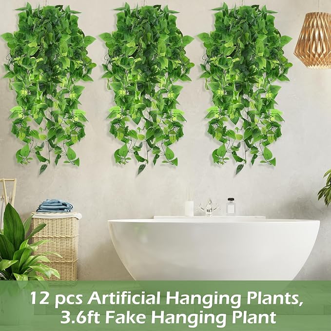 Hoteam 12 Pcs Artificial Hanging Plants 32 Inch Fake Ivy Vines with Fake Leaves Patio Artificial Plants Greenery for Living Room Indoor Outdoor Wall, No Basket (Pothos,Persian Grass)