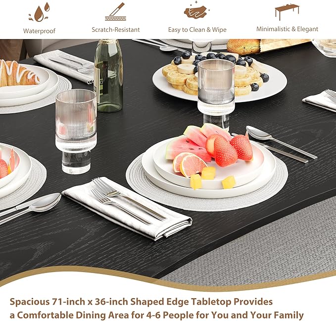 70.9”Dining Table with Wave Irregular Edge, 15mm Thick MDF Top & Metal Frame, for Kitchen, Quick Assembly, Wooden Kitchen Table for 6-8, Waterproof Scratch-Resistant, Modern Black