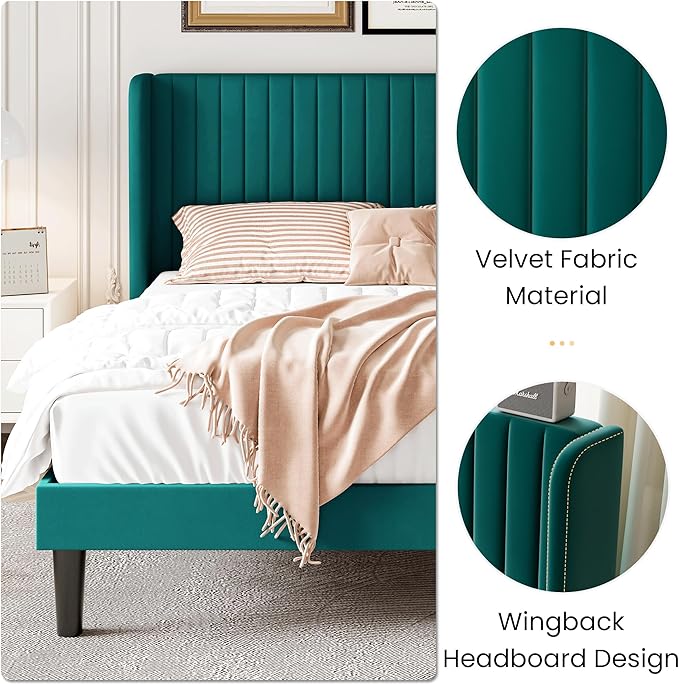 SHA CERLIN Queen Size Velvet Bed Frame with Vertical Channel Tufted Wingback Headboard, Upholstered Platform Bed with Wood Slats, No Box Spring Needed, Easy Assembly, Teal