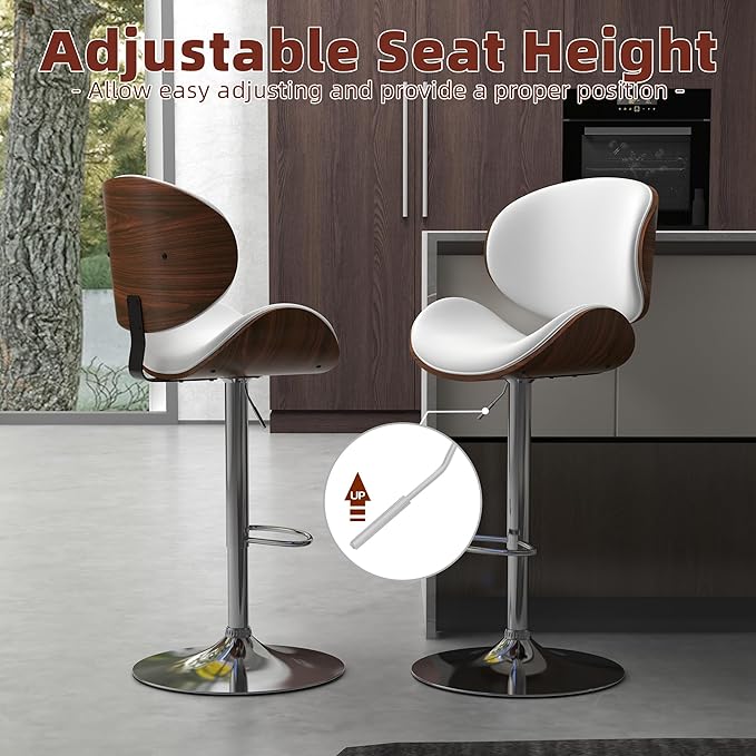 civama White Bar Stools Set of 3 for Kitchen Counter, Adjustable Bar Height Chairs, Modern Swivel Barstools with Bentwood Seat and Back with Footrest for Kitchen Island, Dining Room, White PU Leather