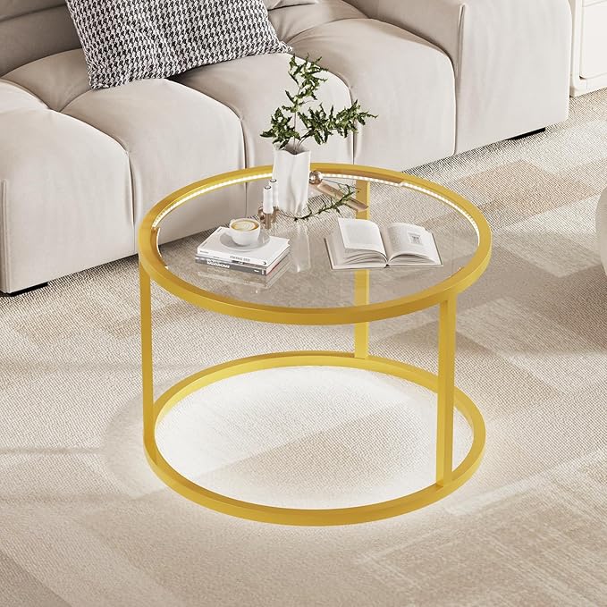 Glass Coffee Table Modern Center Table,Minimalist Round Coffee Tea Table with LED Lights,Simple Tea Cocktail Modern Center Tables for Home, Office, Bedroom,Gold