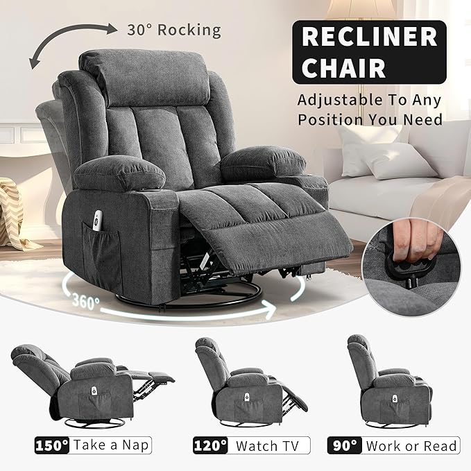 GarveeHome 360° Swivel Rocker Recliner Chair with Heat Massage, Widen Overstuffed Single Sofa Lounge Chair with 3 Positions 2 Side Pockets Cup Holders USB Ports Remote Control Gray