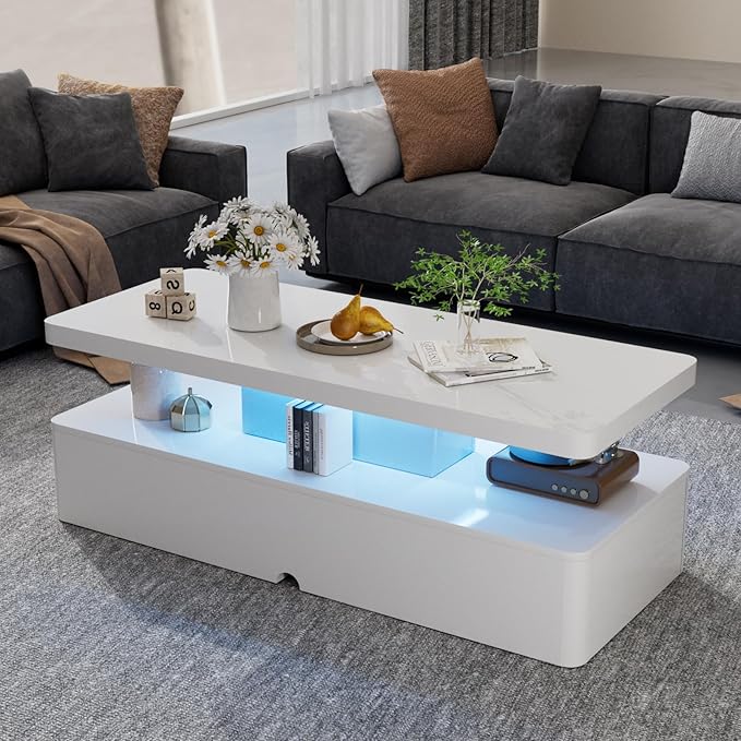 oneinmil Modern Stylish Coffee Table with 16 Colors LED Lights, Double-Layer Design for Living Room, White