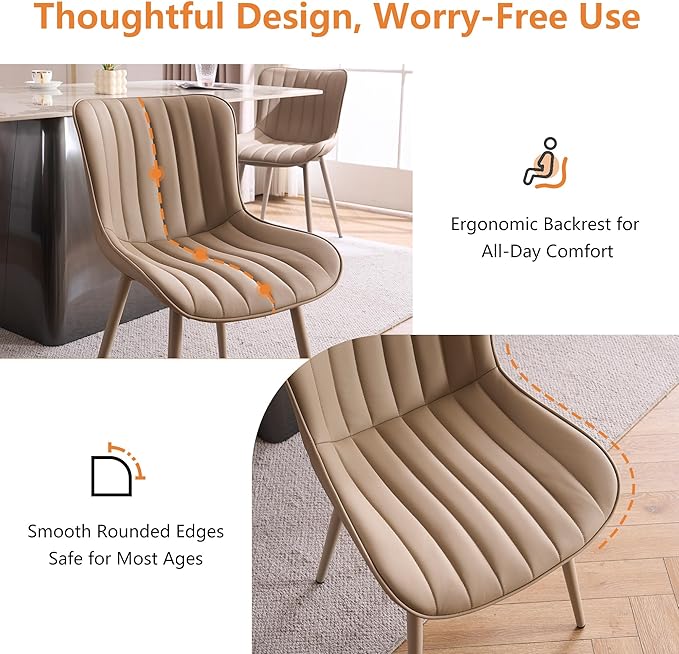 YOUNUOKE Mid-Century Modern Dining Chairs Set of 2, Khaki PU Leather Upholstered Kitchen Chairs with Khaki Metal Legs, Armless Accent Chair for Dining Room, Guest Reception Room