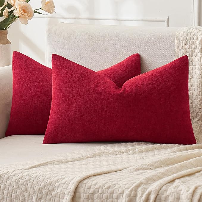 MIULEE Red Couch Pillow Covers 12x20 Inch, Set of 2 Soft Chenille Decorative Lumbar Throw Pillow Covers Christmas Farmhouse for Sofa Living Room Bed