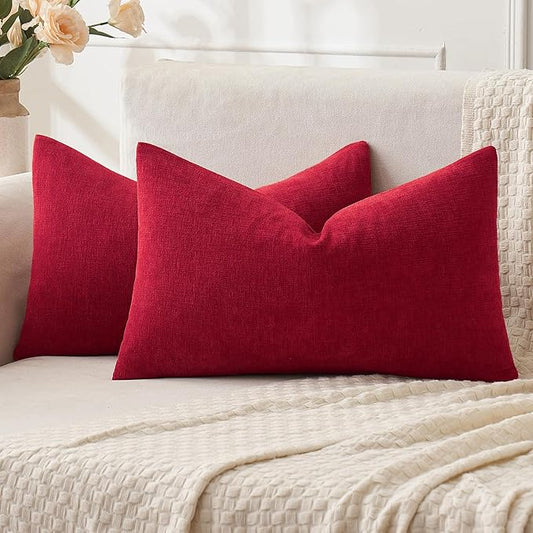 MIULEE Red Couch Pillow Covers 12x20 Inch, Set of 2 Soft Chenille Decorative Lumbar Throw Pillow Covers Christmas Farmhouse for Sofa Living Room Bed