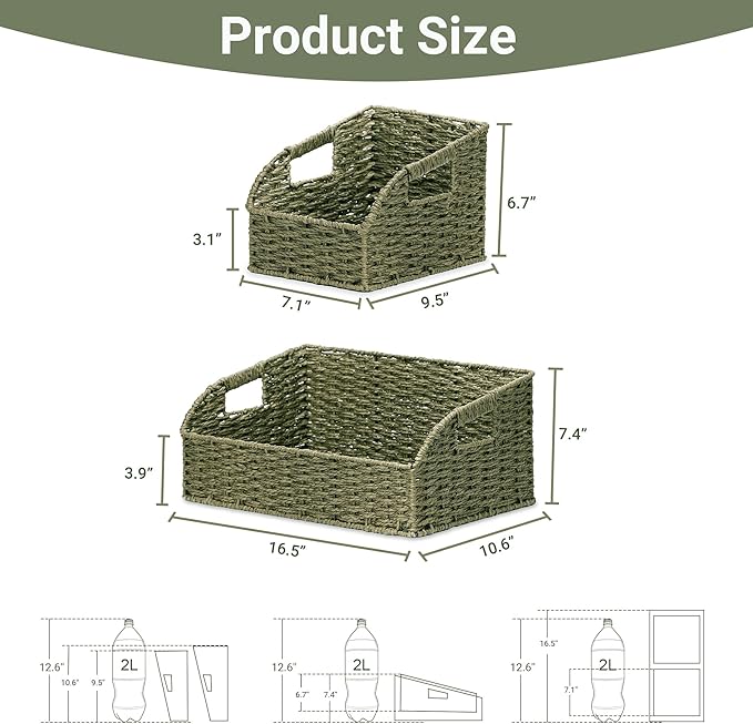 Wicker Baskets for Organizing,Pantry, Kitchen Counter with Handles, Handwoven Woven Storage Baskets for Fruit, Bread, Vegetable, Paper Storage Bins for Shelves, 3 Pack, Green