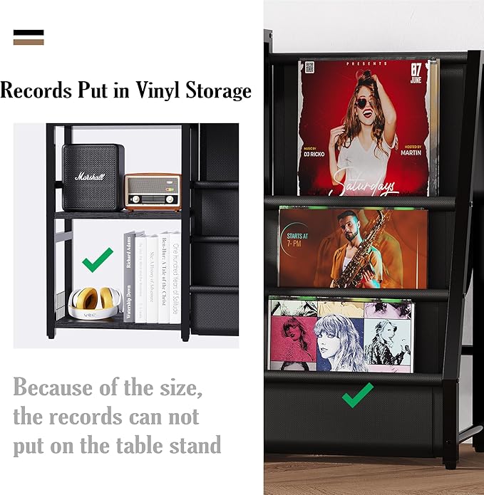 End Table with Vinyl Record Storage - 3 Tier Turntable Stand with Records Holder for Media Stereo Speaker, Amplifiers, Magazines - Rustic Black