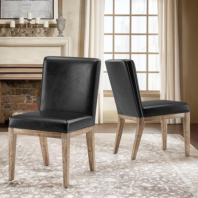 Wooden Dining Chairs Set of 2, Modern Leather Upholstered Dining Room Chair, Kitchen Side Chairs, Farmhouse Dinner Chair with High Back for Kitchen, Black