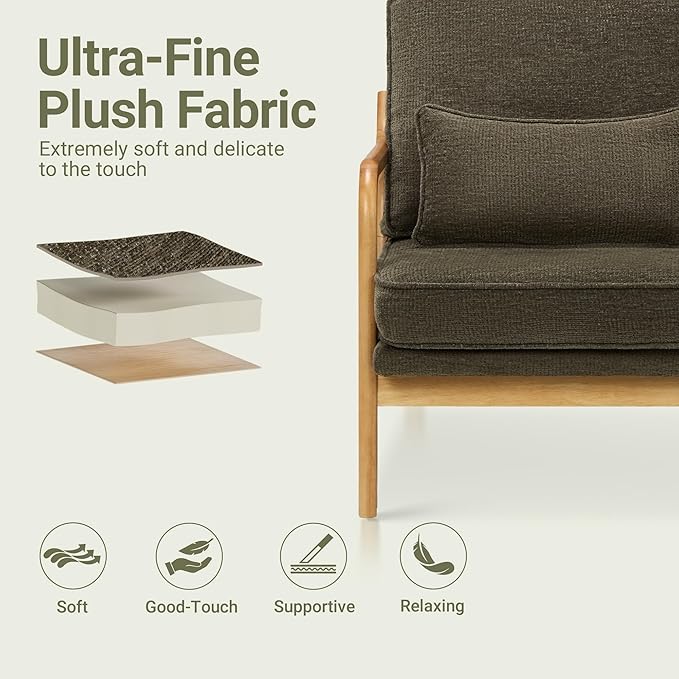 COLAMY Mid Century Modern Accent Chair with Lumbar Pillow, Relaxing Armchair with Solid Wood Frame & Soft Cushion, Reading Leisure Chair for Living Room,Bedroom,Waiting Room（Green）