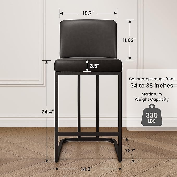 PHI VILLA Dark Grey Bar Stools Set of 3, Faux Leather Counter Height Chairs, Kitchen Stools for Island, 24 Inch Barstools with Back