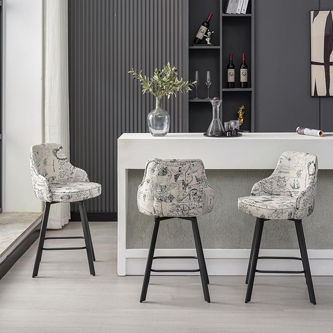 Bar Stools Set of 4, 26" Swivel Counter Height Bar Stools with High Back, Linen Kitchen Barstools Counter Height for Kitchen Island (Beige (Nautical Print), 4PCS 26" Counter Stools)