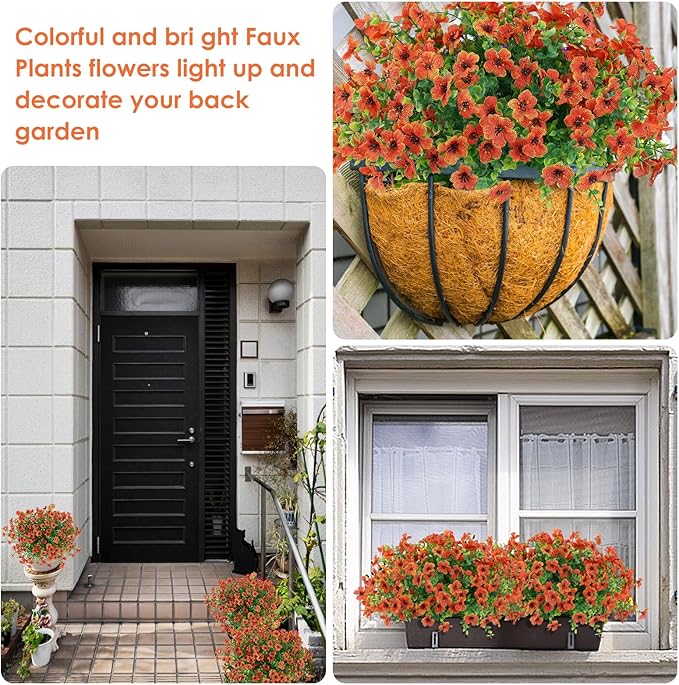 10 Bundles Artificial Faux Flowers for Outdoor,10Pcs Fake Flowers for Home Decor,Plastic Flowers Shrubs Lifelike Artificial Greenery Home Porch Stems Outside Deco(Orange)