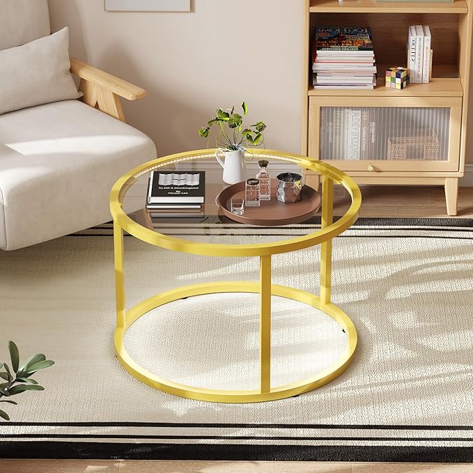 Glass Coffee Table Modern Center Table,Minimalist Round Coffee Tea Table with LED Lights,Simple Tea Cocktail Modern Center Tables for Home, Office, Bedroom,Gold