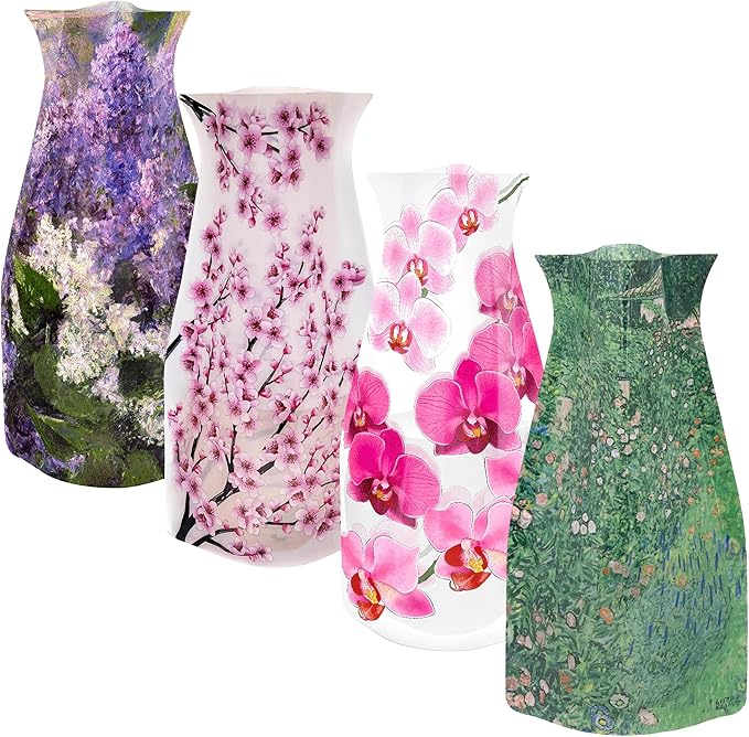 MODGY Expandable Flower Vase Set, Plastic Decorative Modern Foldable Printed Vases for Centerpieces for Wedding, Dining Table, Home Decor, Living Room, Bathroom, Office, Mary Cassatt Lilacs, 4 Pack