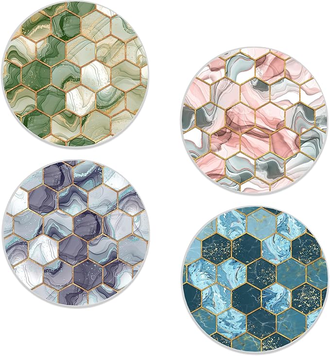 Drinks Coasters Set of 4, Marble Pattern Round 4" Cup Coasters, Absorbent Ceramic Stone Coasters with Cork Base, Cute Coasters for Table Home Décor, Ideal Gifts for Women Men