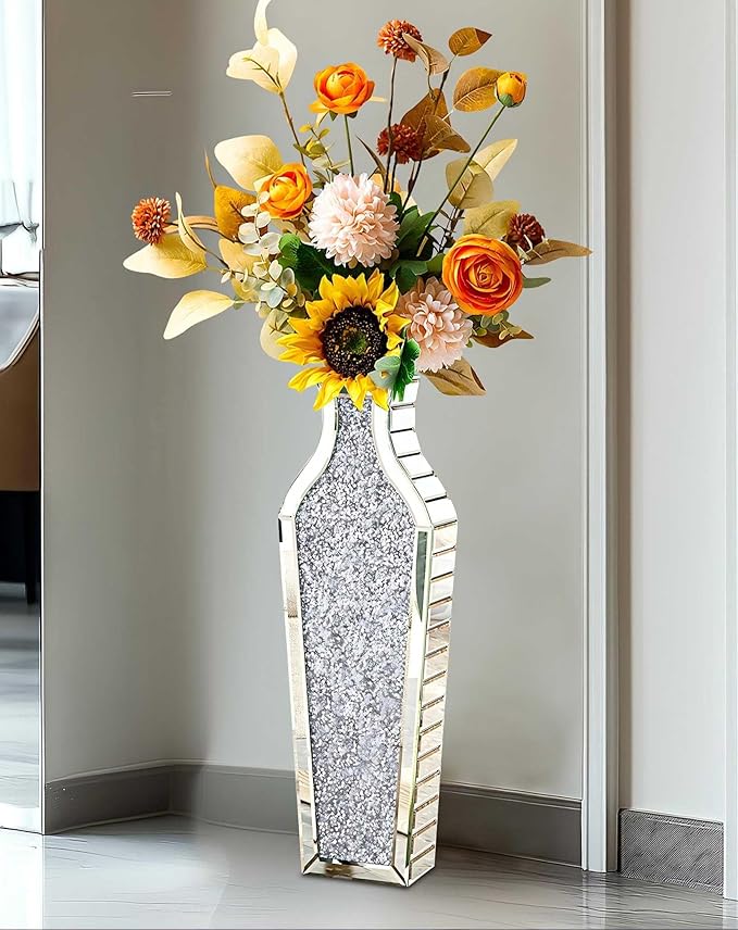 Flower Vase Crushed Diamond: Crystal Silver Mirror Vase Geometric Decorative Vases Large Bling Glass Mirrored Decor for Luxury Home Centerpieces, Won't Hold Water