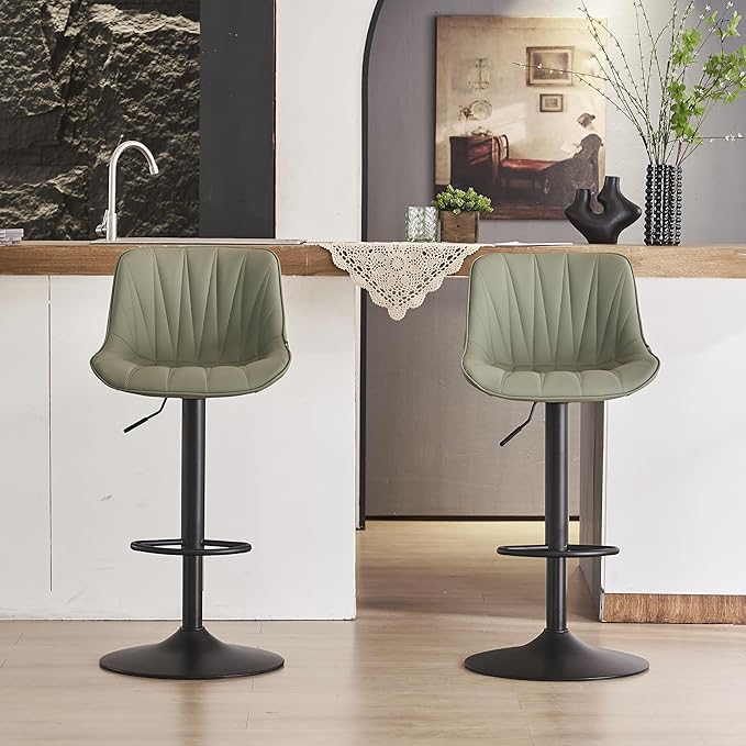 YOUNIKE Bar Stools Set of 2 for Kitchen Island, Olive Green Swivel Tall Bar Stools, Faux Leather Padded Barstools with Back, Modern Counter Height Bar Chairs with 300LBS Support