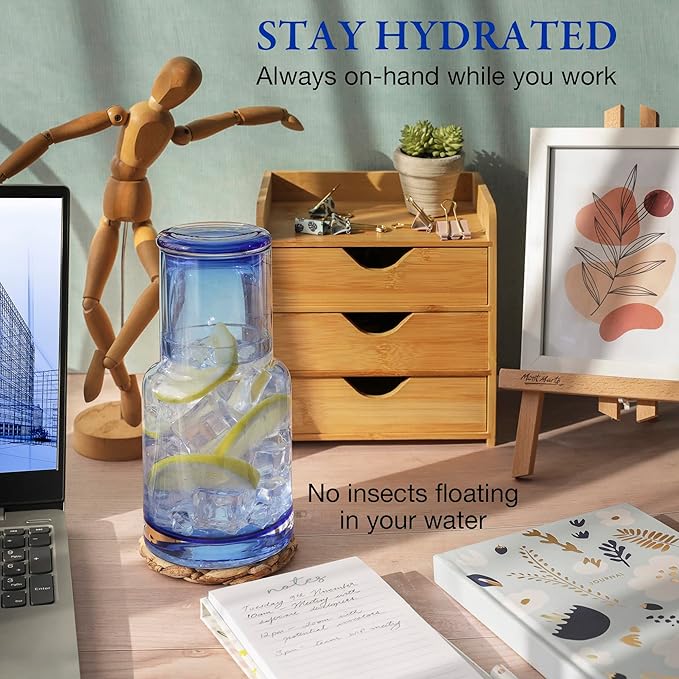 Bedside carafe and glass set, Ombre blue glass bedside carafe with glass that sits inside the carafe, drip free, modern design. 100% dishwasher safe.