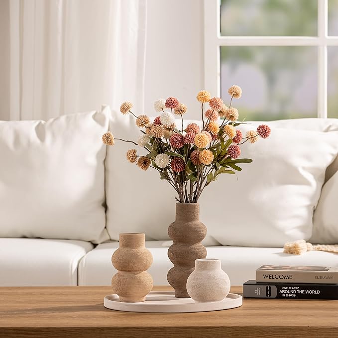 Ceramic Vase Home Table Decor - Flower Vase Set of 3 Living Room Kitchen Decorations Farmhouse Modern Rustic Vases Decorative Centerpiece for Shelf Bedroom Office Bathroom Dining Coffee Desk