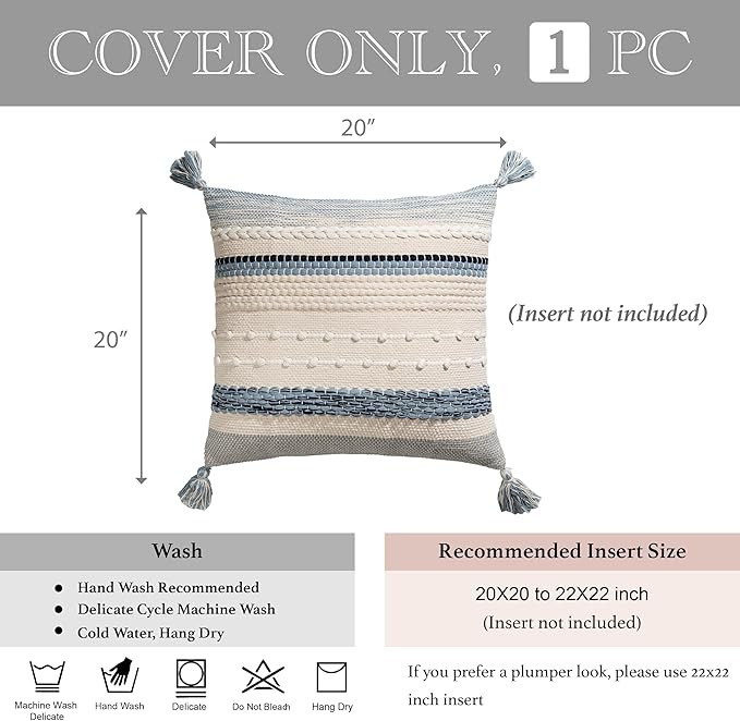 BlissBlush Coastal Blue Boho Decorative Throw Pillow Cover 20x20 Modern Bohemian Accent Pillow Case Square Woven Textured Farmhouse Pillows for Couch Bed (Pack of 1)