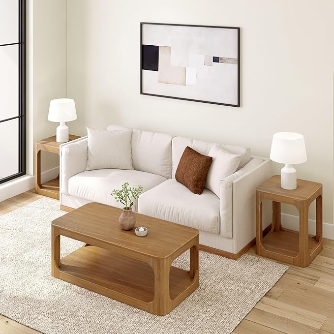 Plank+Beam Forma Coffee Table, Solid Wood 48 Inch Modern Coffee Table with Shelf, Contemporary Center Table with Storage Space, Rectangle Tea Table with Storage, Pecan