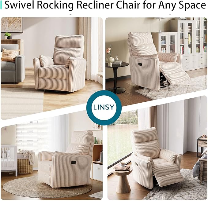 LINSY 360 Swivel Rocker Recliner - Corduroy Nursery Glider Rocking Chair with 2 Pillows, Comfy High Back Adult Recliner for Small Spaces, Nursery Bedroom Living Room Reclining Chairs (Beige)