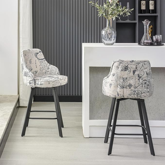 Bar Stools Set of 2, 26" Swivel Counter Height Bar Stools with High Back, Linen Kitchen Barstools Counter Height for Kitchen Island (Beige (Nautical Print), 2PCS 26" Counter Stools)