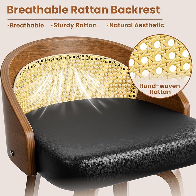Swivel Bar Stools, 26" Upholstered Faux Leather Barstools with Bentwood Legs, Mid Century Modern Counter Height Bar Stools with Rattan Back for Kitchen Island, Dining Room, Black