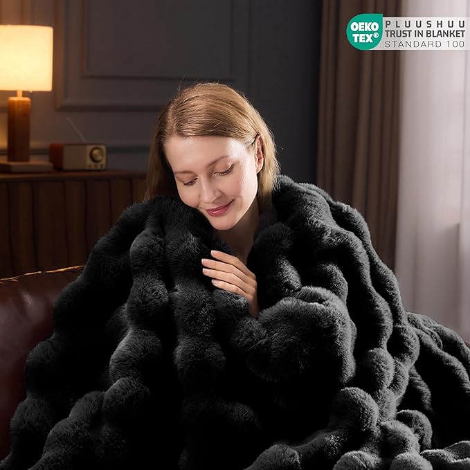 Faux Fur Throw Blanket for Couch, Fluffy Fuzzy Plush Bubble Blanket, Soft Warm Cozy Shaggy Rabbit Blanket, Luxury Decorative Gifts for Sofa Bedroom Living Room, 60x50inch (Black)