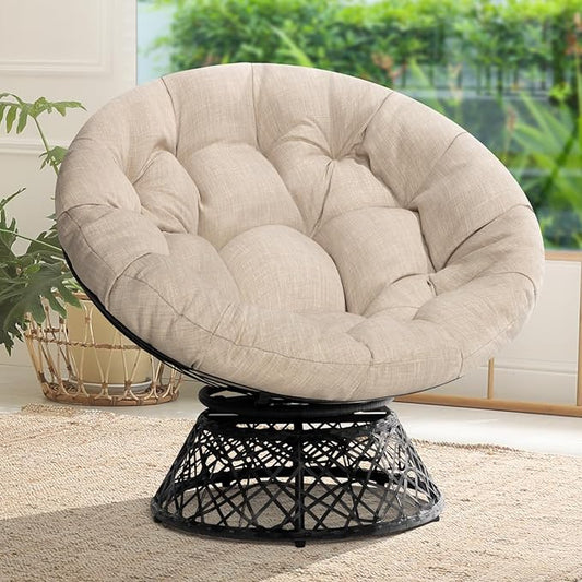 Bme 40" Ergonomic Wicker Papasan Chair with Soft Thick Cushion & Frame, 360° Swivel, Circle, Reading, Comfy Chair for Living Room, Bedroom