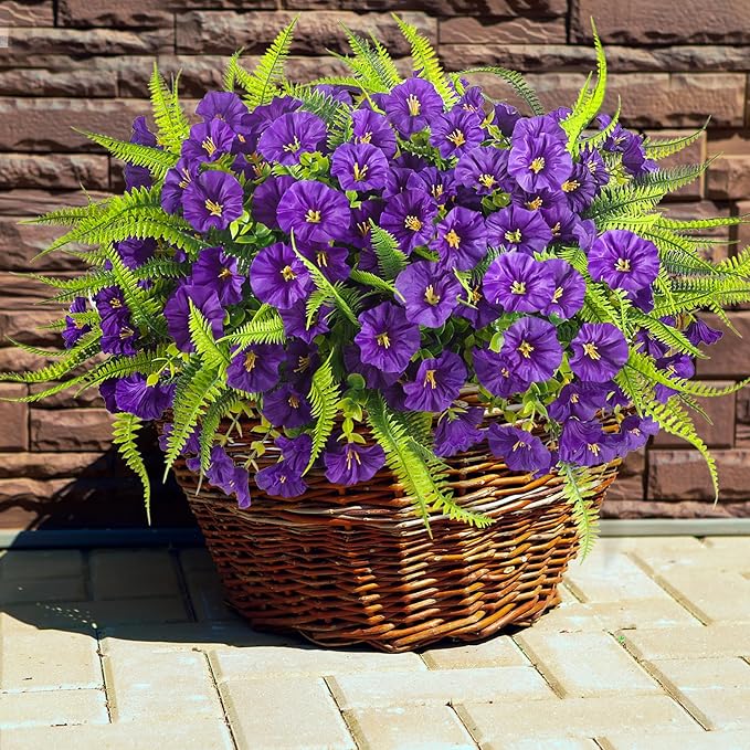 Artificial Flowers Outdoors 12 Bundles Artificial Petunias Fake Flowers UV Resistant Shrubs Plants with Fern for Indoor Outside Hanging Planters Home Garden Summer Decorations (Purple)