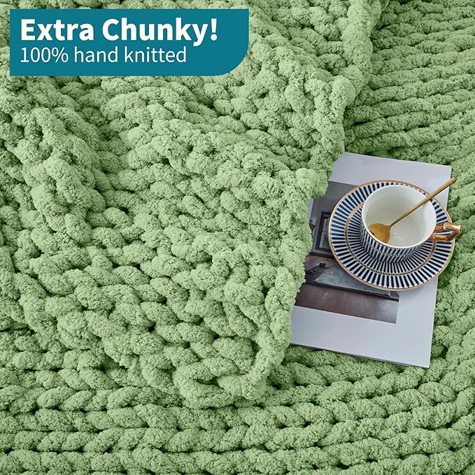 SUNYRISY Chunky Knit Blanket Throw, Luxury Soft Cozy Chenille Throw Blanket, Large Throw Bed Blanket for Couch, Sofa, Home Decor, Gift - Machine Washable, Sage Green