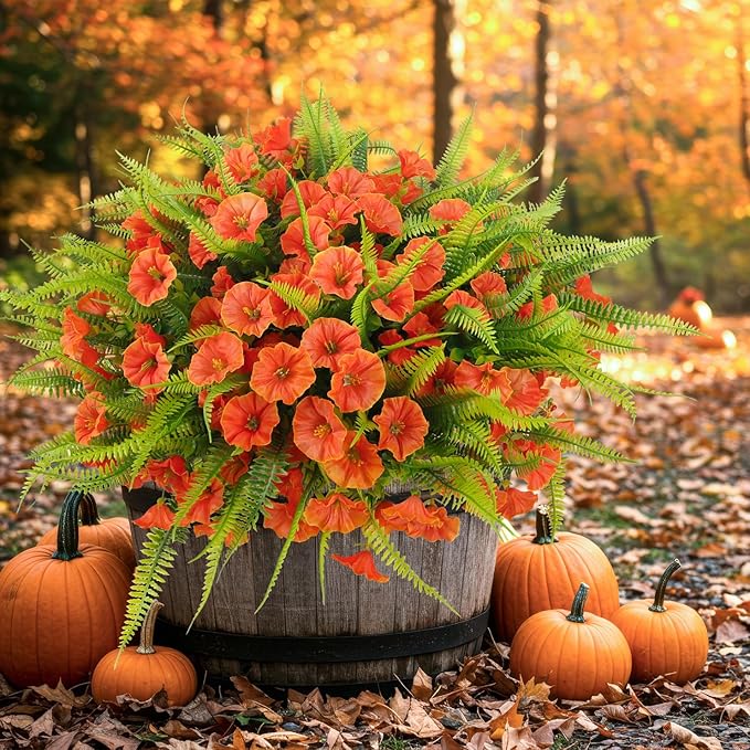 Artificial Fall Flowers for Outdoors 12 Bundles Fake Mums Petunias Flowers UV Resistant Shrubs Plants with Fern for Indoor Outside Hanging Planters Home Garden Autumn Thanksgiving Decorations