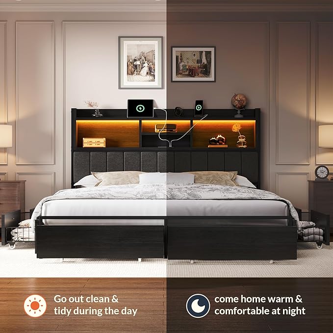 LARMACE King Bed Frame with 6 Storage Drawers, Bed Frame King Size with Linen Upholstered Headboard, Built in Charging Station and LED, No Noise, Metal Support, No Box Spring Needed,Vintage Black