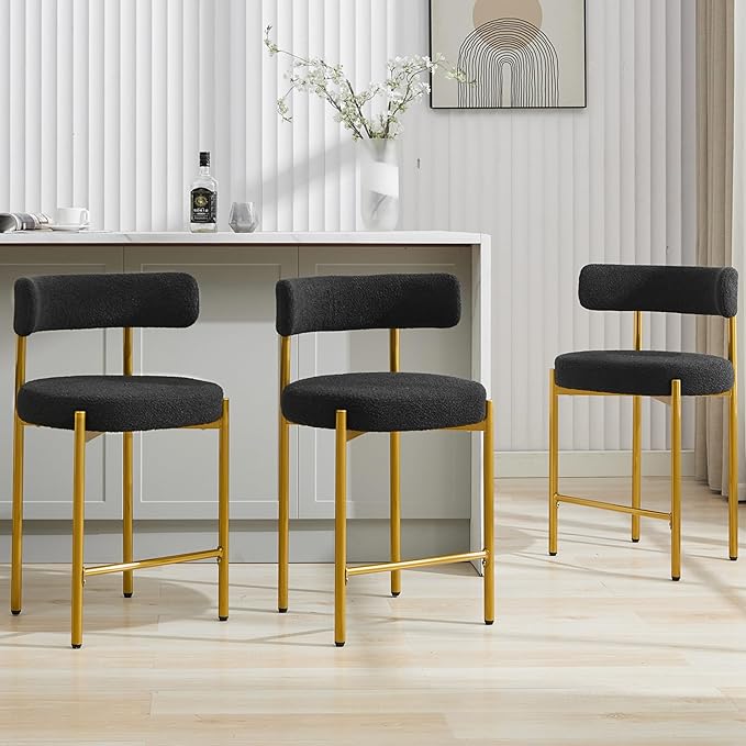 24'' Boucle Bar Stools Set of 3, Black Bar Stools with Backs, Counter Height Bar Height Stools for Kitchen Island, Upholstered Bar Chairs with Gold Legs