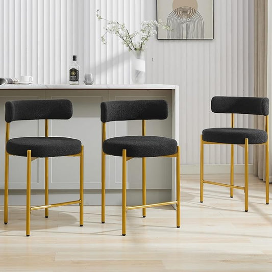 24'' Boucle Bar Stools Set of 3, Black Bar Stools with Backs, Counter Height Bar Height Stools for Kitchen Island, Upholstered Bar Chairs with Gold Legs