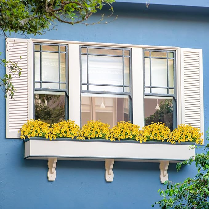 Outdoor Artificial Flowers 21 UV Resistant Bundles Fake Flower Plastic Plants Faux Silk Flowers Porch Hanging Garden Porch Window Box Decorating (Yellow)